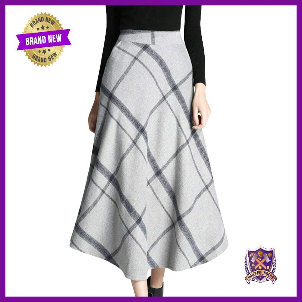 Wool Plaid A-Line Pleated Midi Skirt With Elastic Waist